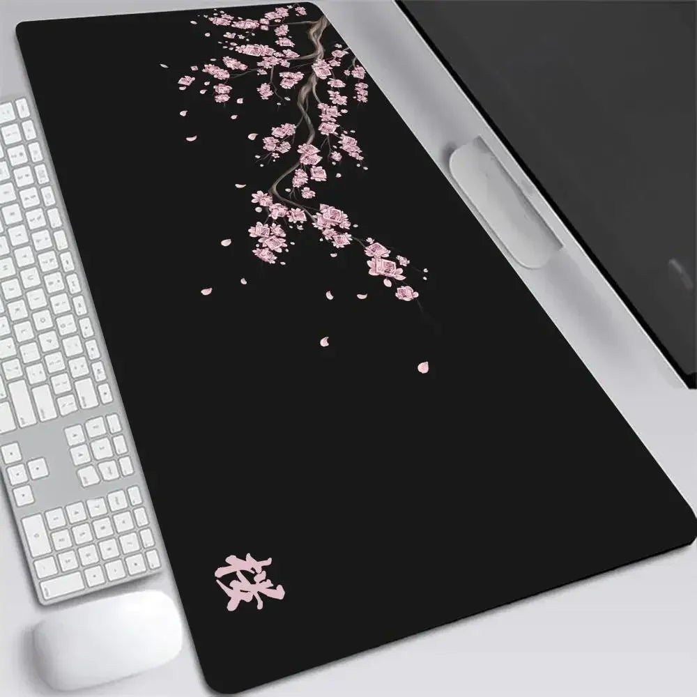 Japanisches Kirschblüten-Mauspad XXL in Grau – großes Schreibtischpad für Laptops und Gaming. – Produktfoto