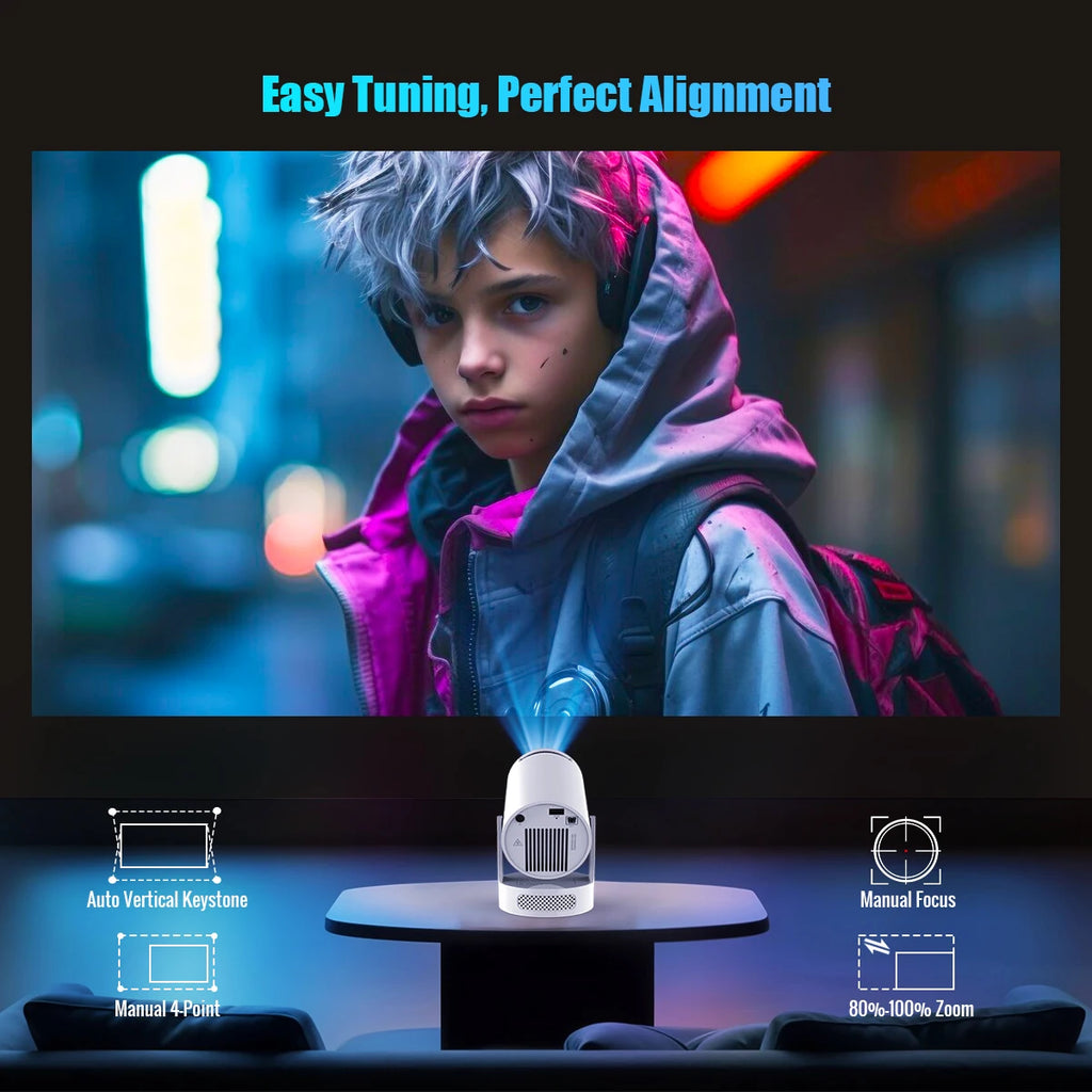 Mini Beamer HY300 Pro+ Beamer – 8K-Unterstützung, WiFi 6, Android 14, Bluetooth 5.0, 290 ANSI Lumen, tragbarer Heimkino-Projektor (720p HD) – Produktfoto