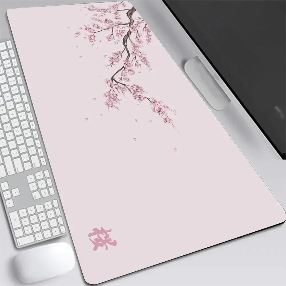 Japanisches Kirschblüten-Mauspad XXL in Grau – großes Schreibtischpad für Laptops und Gaming. – Produktfoto