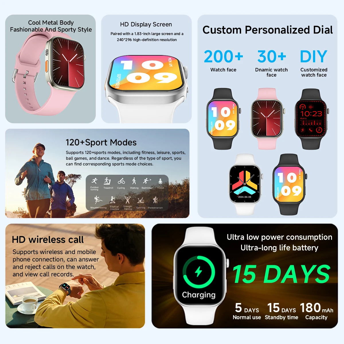 Smartwatch – 1,83" HD Display, Bluetooth-Anrufe, Herzfrequenz, 120+ Sportmodi, wasserdicht, für Männer & Frauen, perfektes Geschenk – Produktfoto