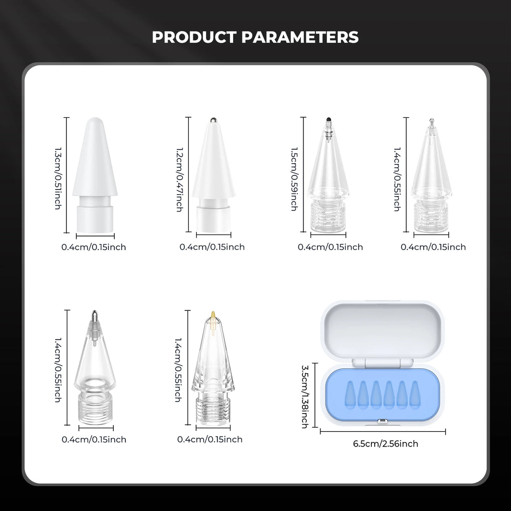 6/4-in-1 Ersatzspitzen für Apple Pencil – kompatibel mit 1. und 2. Generation sowie USB-C, verbesserte iPad Stiftspitzen mit Aufbewahrungsbox – Produktfoto