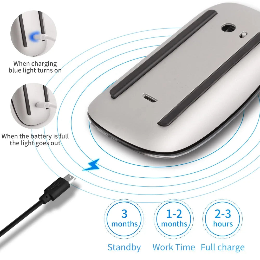Kabellose Bluetooth-Magic-Mouse, leise, wiederaufladbar, Laser-Computermaus, schlank, ergonomisch, für Apple MacBook und Microsoft – Produktfoto