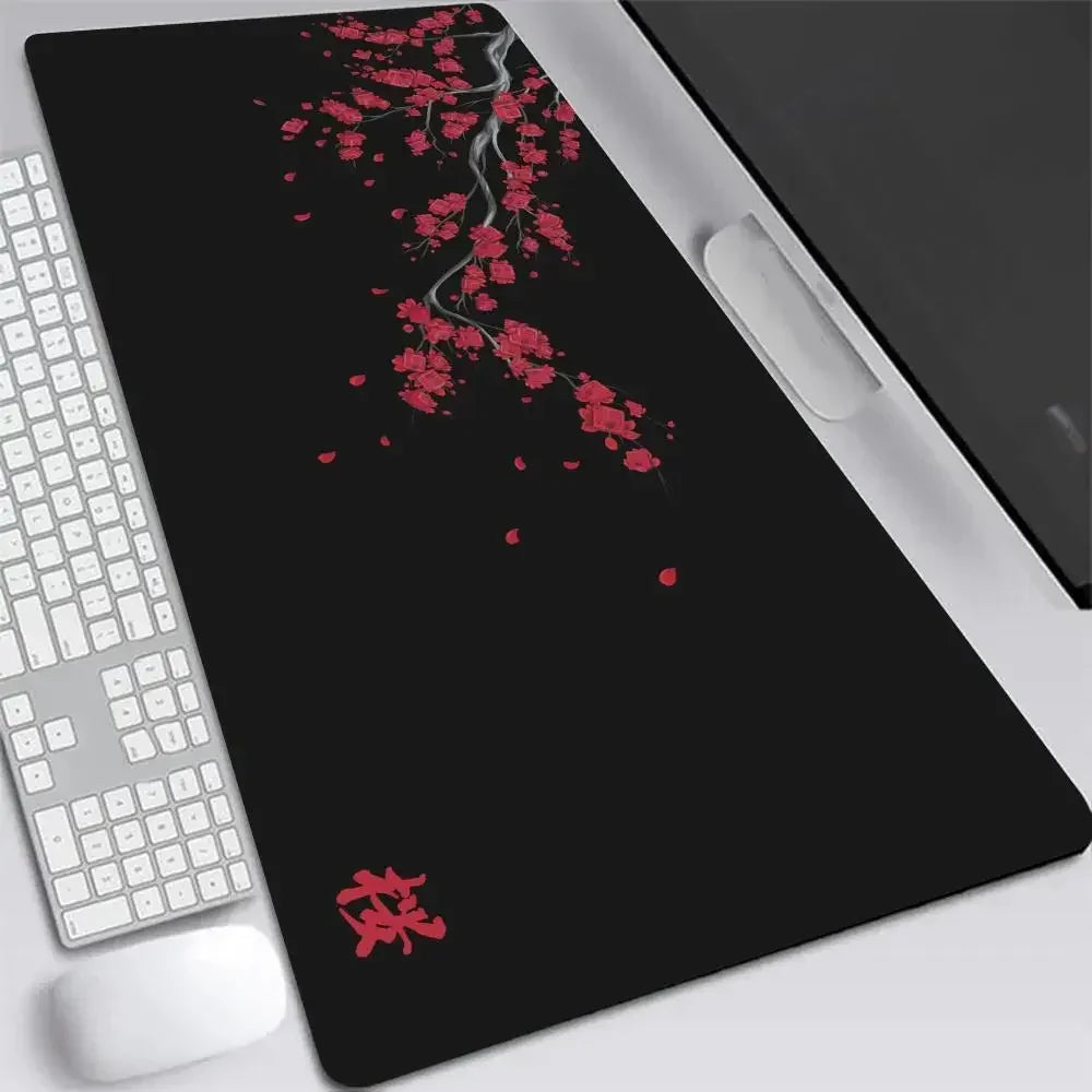 Japanisches Kirschblüten-Mauspad XXL in Grau – großes Schreibtischpad für Laptops und Gaming. – Produktfoto